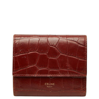 Celine Croc Embossed Small Trifold Wallet Red Leather