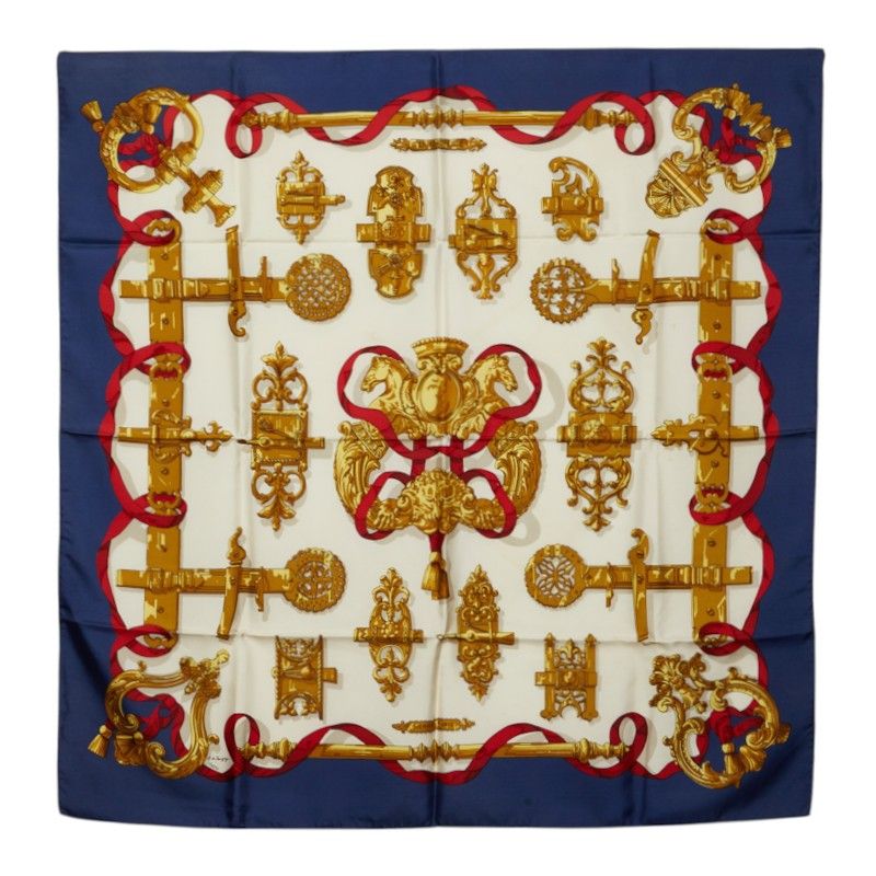 Hermes Carre 90 Ferronnerie Ironwork Scarf Large Navy Ivory Multicolor Silk