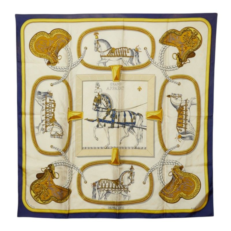 Hermes Carre 90 Grand Apparat Horse in Full Dress Scarf Large Format Navy Ivory