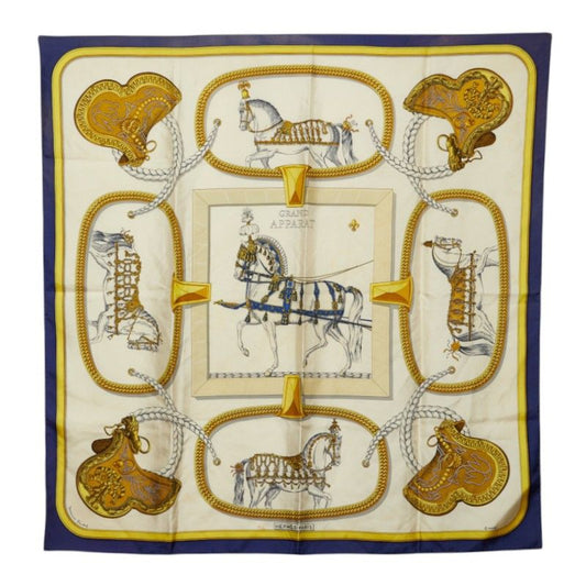 Hermes Carre 90 Grand Apparat Horse in Full Dress Scarf Large Format Navy Ivory