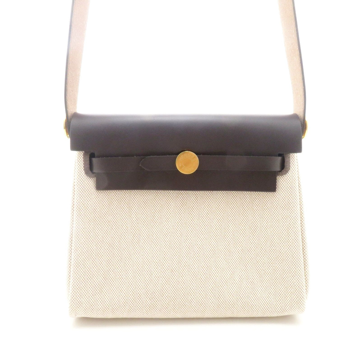 Hermes Herbag Zip Mini Natural Dark Brown Silver Shoulder Bag Canvas