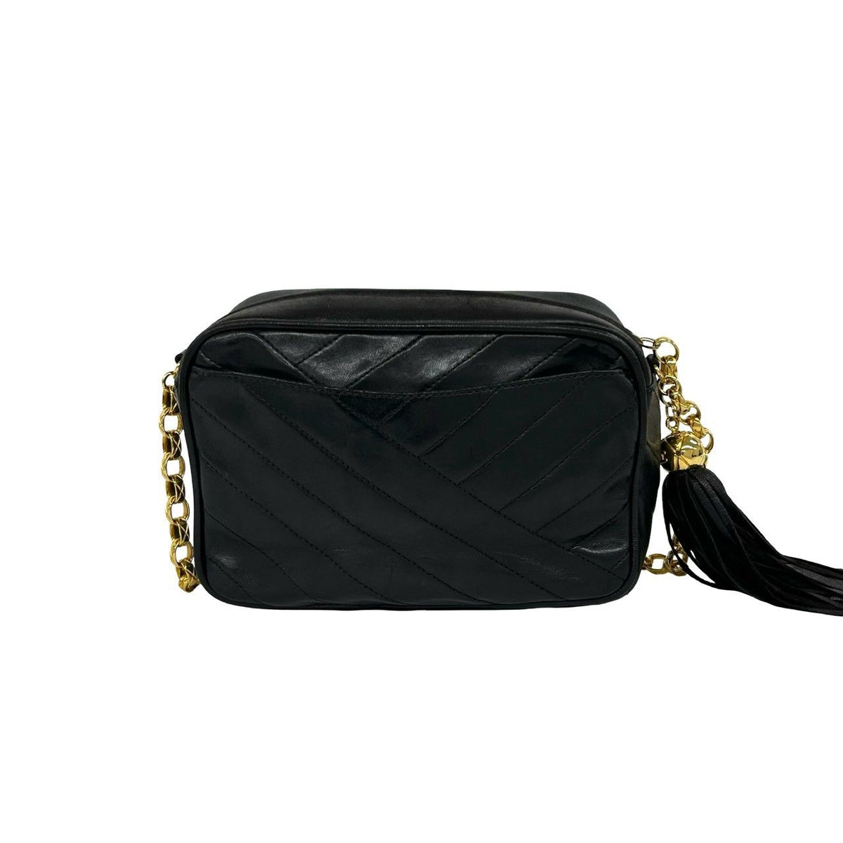 Chanel CC Logo V-stitch Tassel Lambskin Chain Shoulder Bag Black — view 3