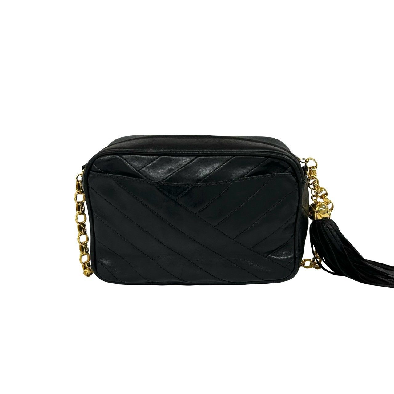 Chanel CC Logo V-stitch Tassel Lambskin Chain Shoulder Bag Black — view 3