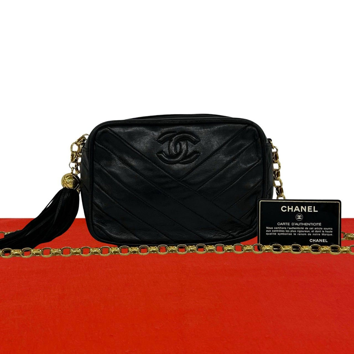 Chanel CC Logo V-stitch Tassel Lambskin Chain Shoulder Bag Black