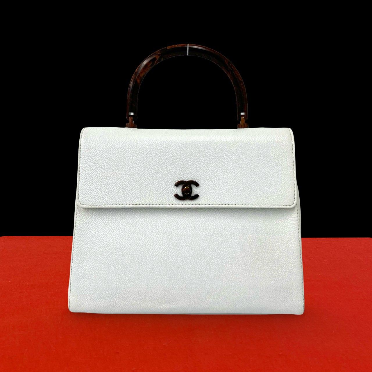 Chanel Vintage CC Logo Caviar Leather Handbag Mini Tote White