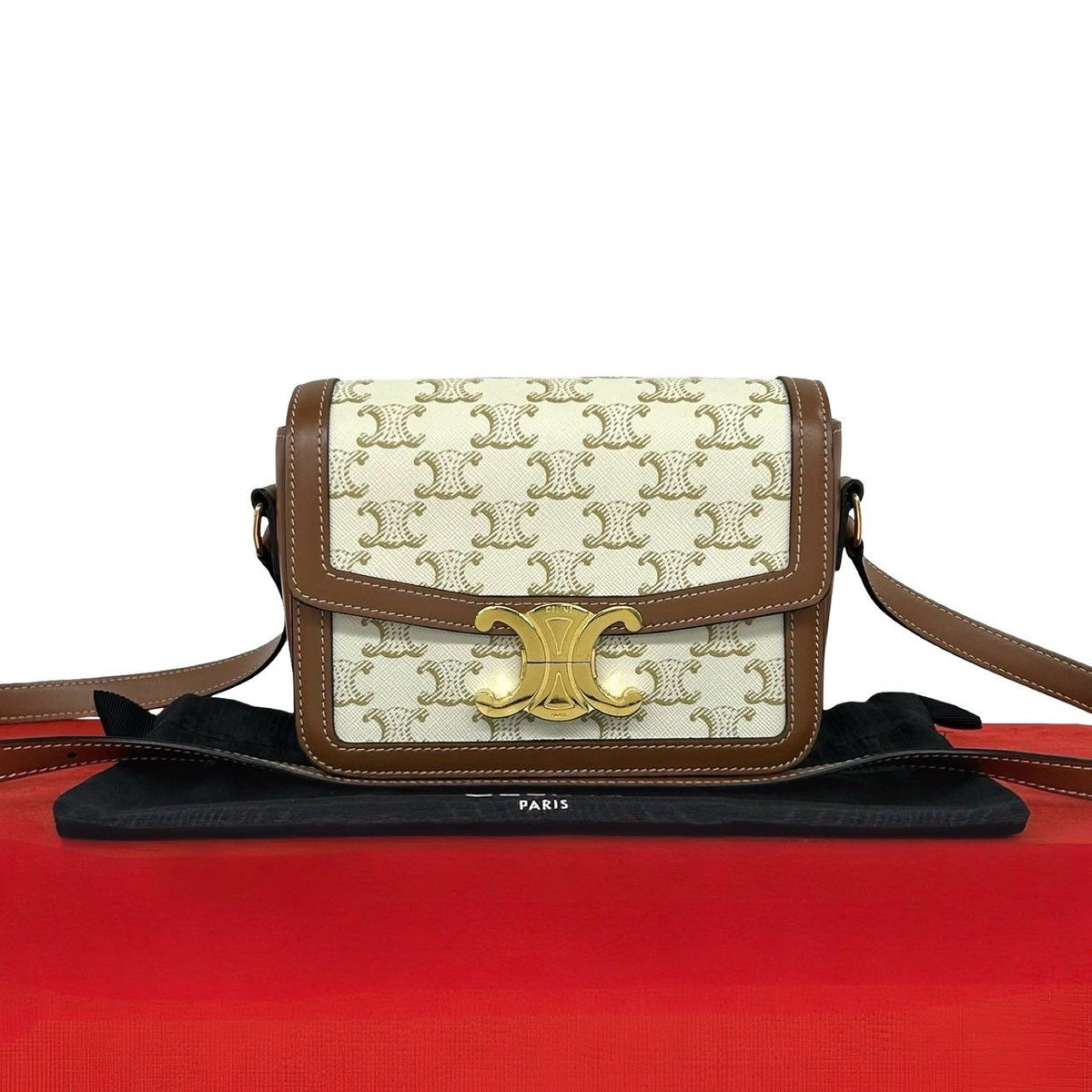 Celine Teen Triomphe Logo Leather Shoulder Bag Pochette Brown Ivory