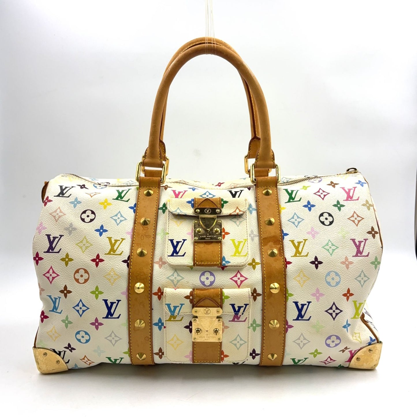 Louis Vuitton Monogram Multicolor Keepall 45 Blanc Zipper Pull Missing Leather