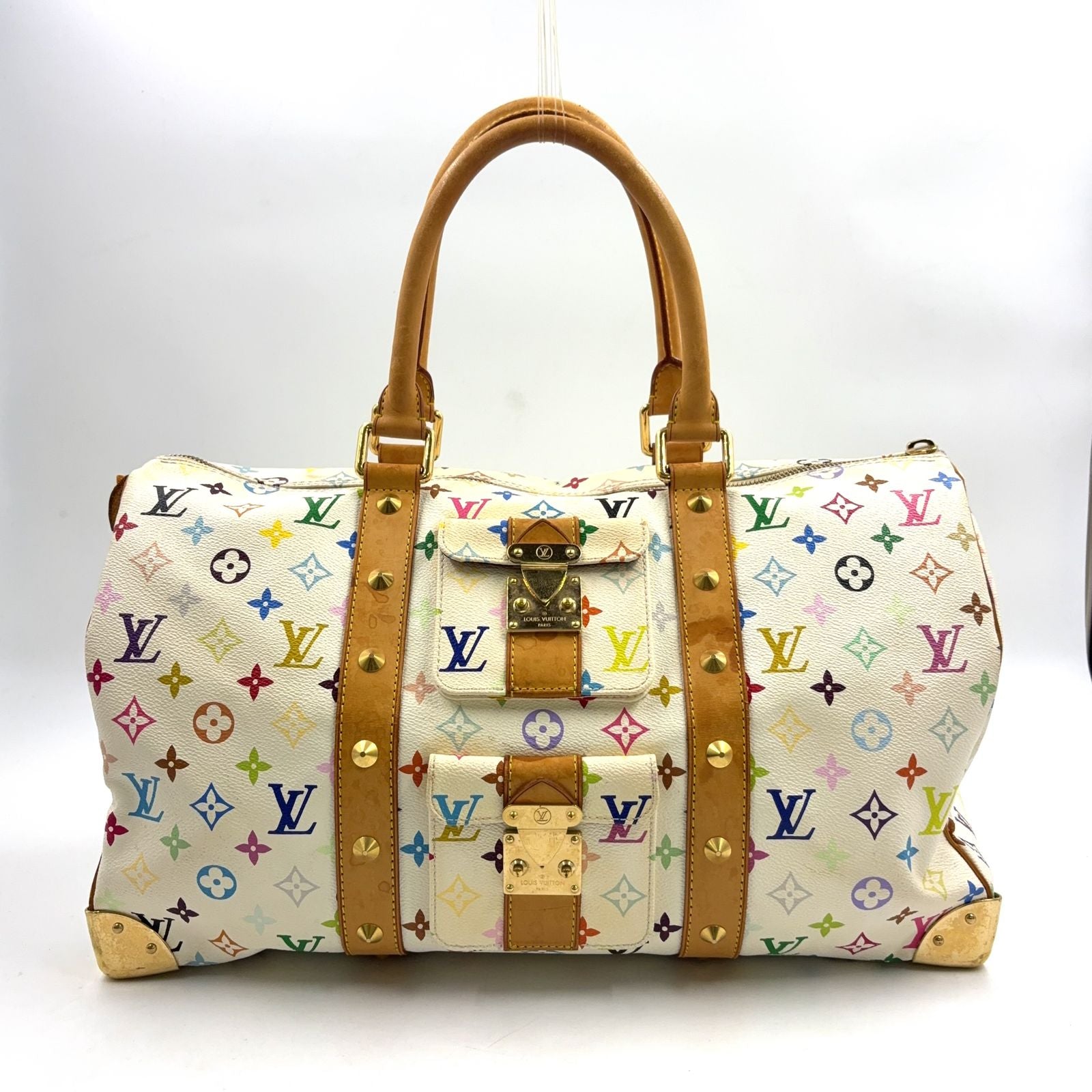 Louis Vuitton Monogram Multicolor Keepall 45 Blanc Zipper Pull Missing Leather
