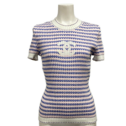 Chanel Short Sleeve Sweater S White Light Pink Blue Crew Neck Border CC Logo 36