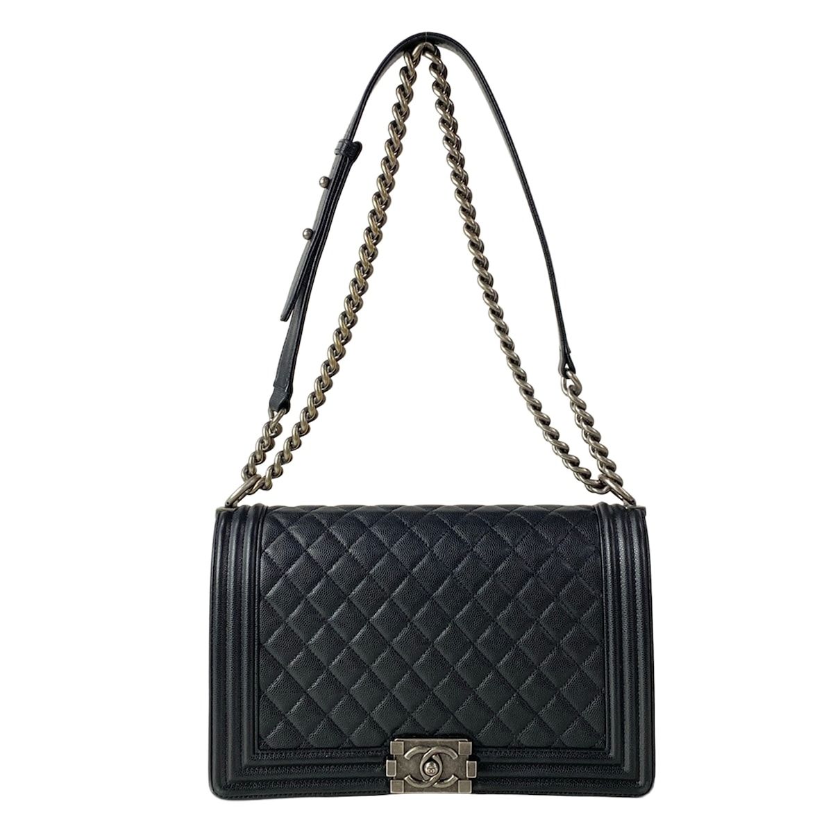 Chanel Shoulder Bag Boy Quilted Black Chain Vintage Silver