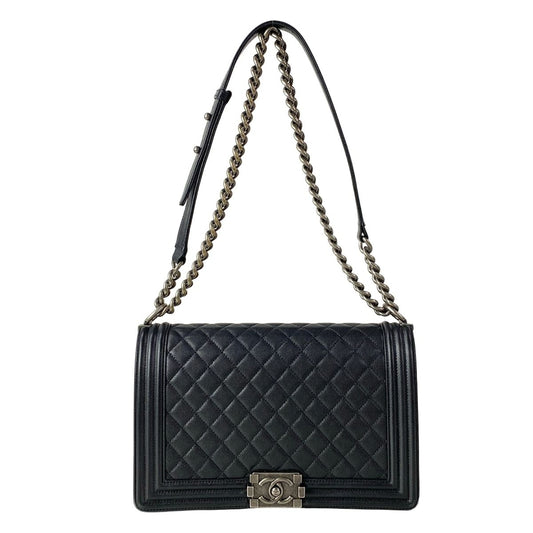 Chanel Shoulder Bag Boy Quilted Black Chain Vintage Silver