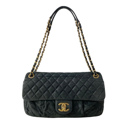 Chanel Shoulder Bag Single Flap Quilted Black Chain Matte Gold Leather