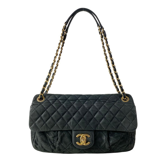 Chanel Shoulder Bag Single Flap Quilted Black Chain Matte Gold Leather