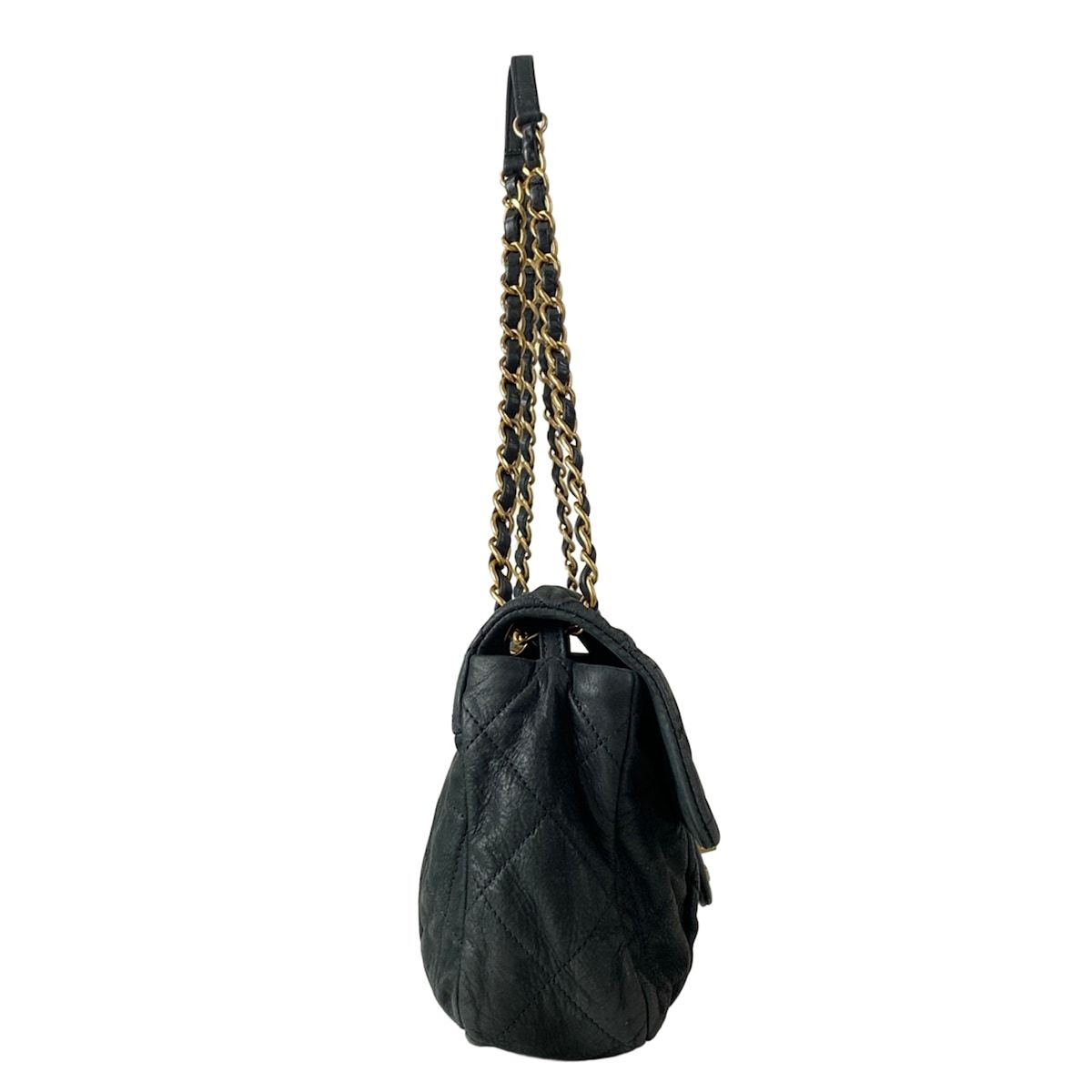 Chanel Shoulder Bag Single Flap Quilted Black Chain Matte Gold Leather — view 2