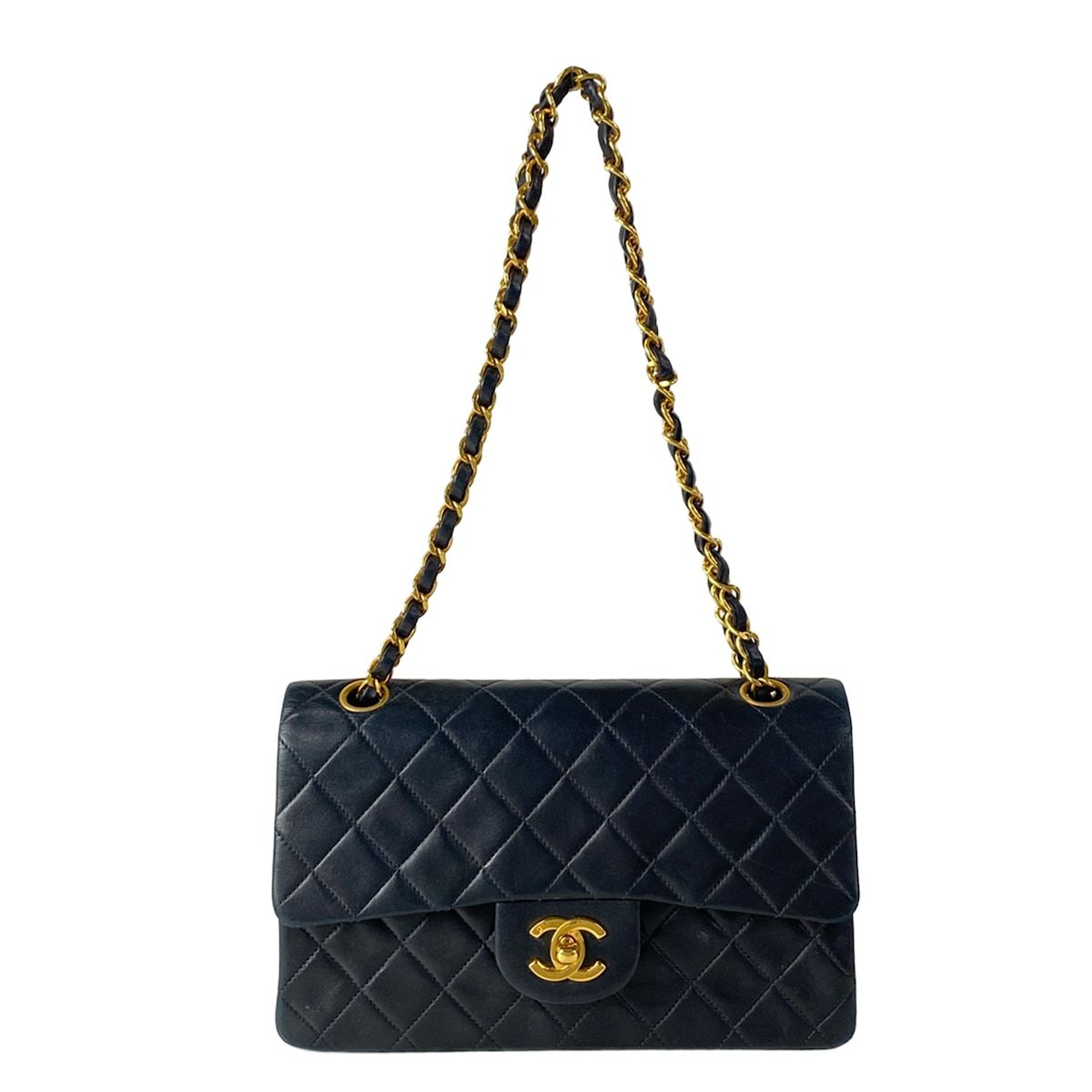Chanel Shoulder Bag Double Flap Quilted Black Chain Gold Lambskin