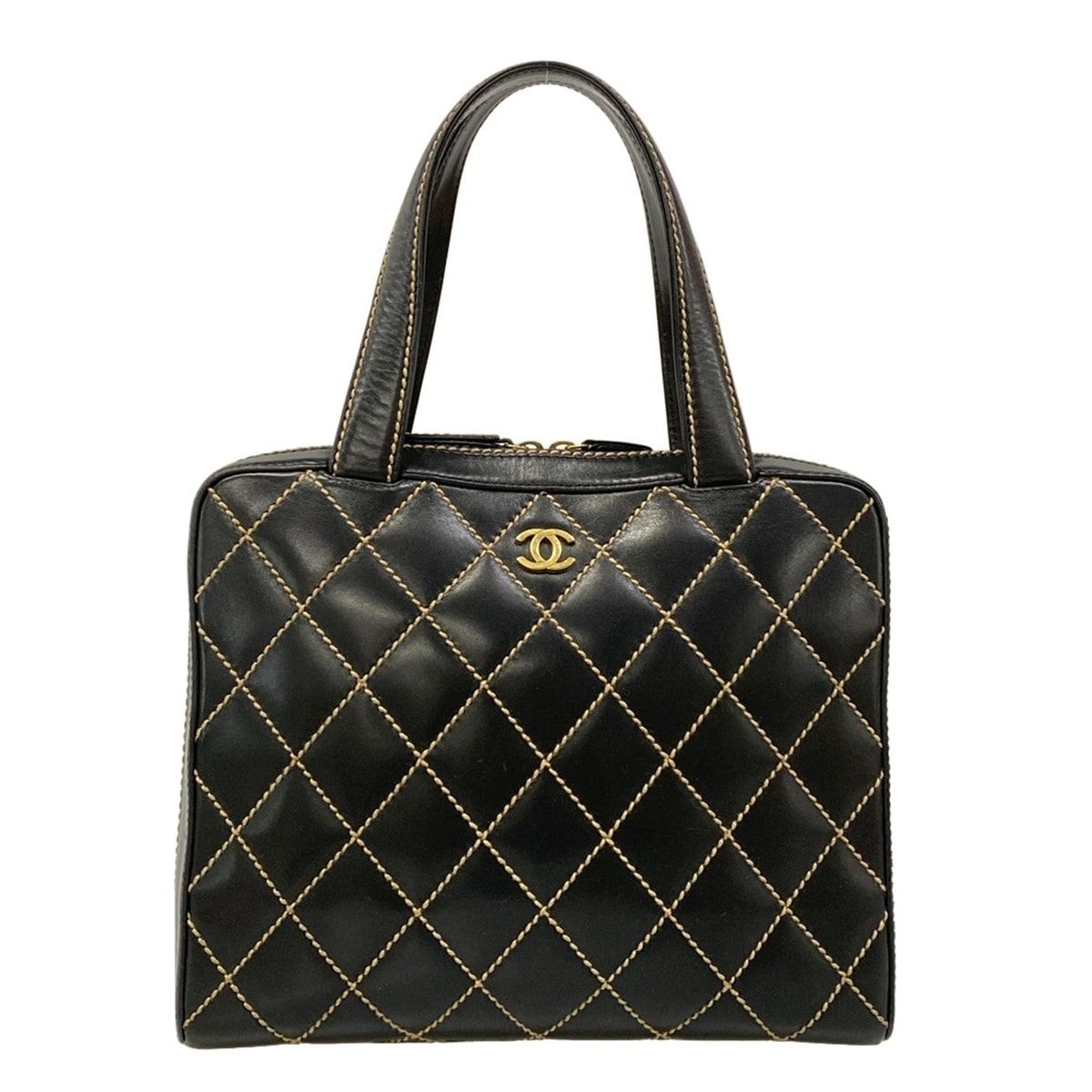 Chanel Handbag Wild Stitch Black Matte Gold Leather