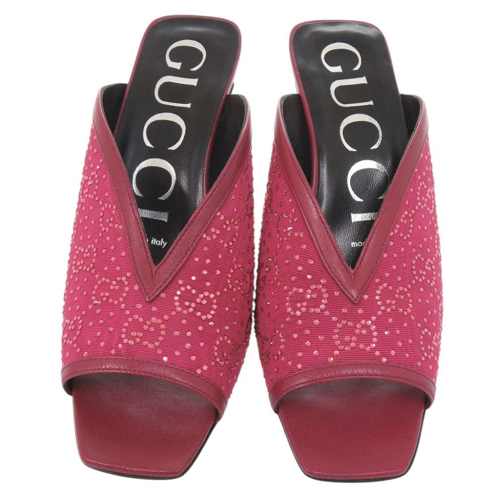 Gucci Logo Sandals Leather Rhinestone Wine Heels — view 3