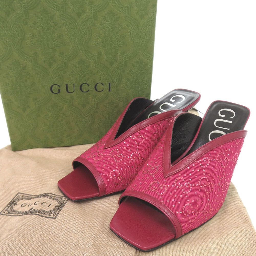 Gucci Logo Sandals Leather Rhinestone Wine Heels — view 2