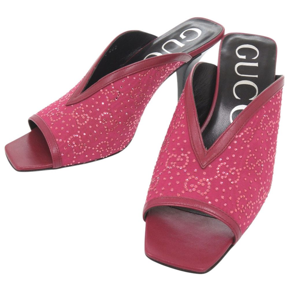 Gucci Logo Sandals Leather Rhinestone Wine Heels