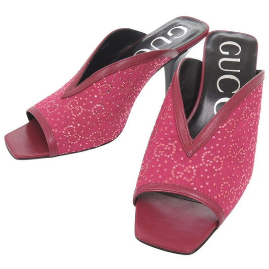 Gucci Logo Sandals Leather Rhinestone Wine Heels