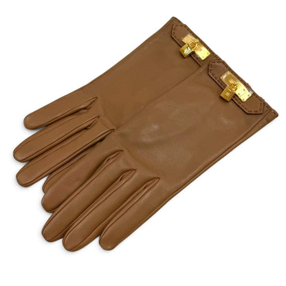 Hermes Lambskin Lining Silk 100% Gold Kelly Gloves Brown 6.5