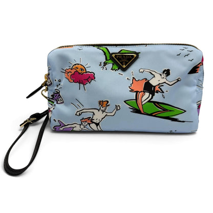 Prada Triangle Logo Re-Nylon Surf Print Makeup Pouch Blue with Wristlet
