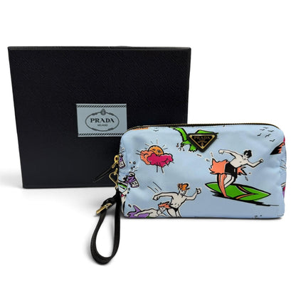 Prada Triangle Logo Re-Nylon Surf Print Makeup Pouch Blue with Wristlet — view 2