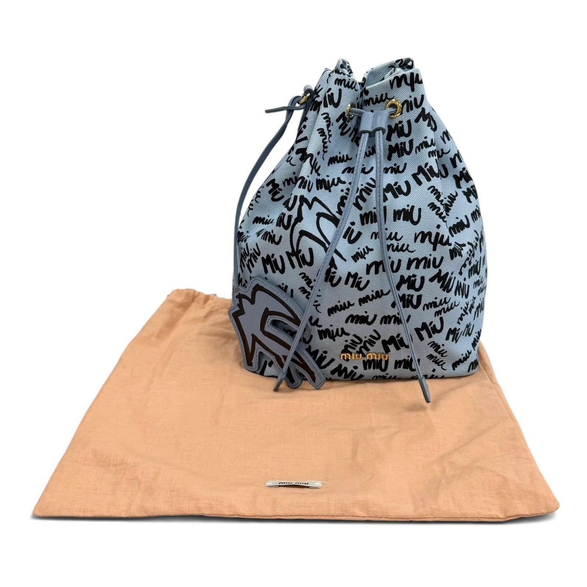 Miu Miu Canvas Logo All Over Print Bird Motif Drawstring Bag Light Blue Black — view 2