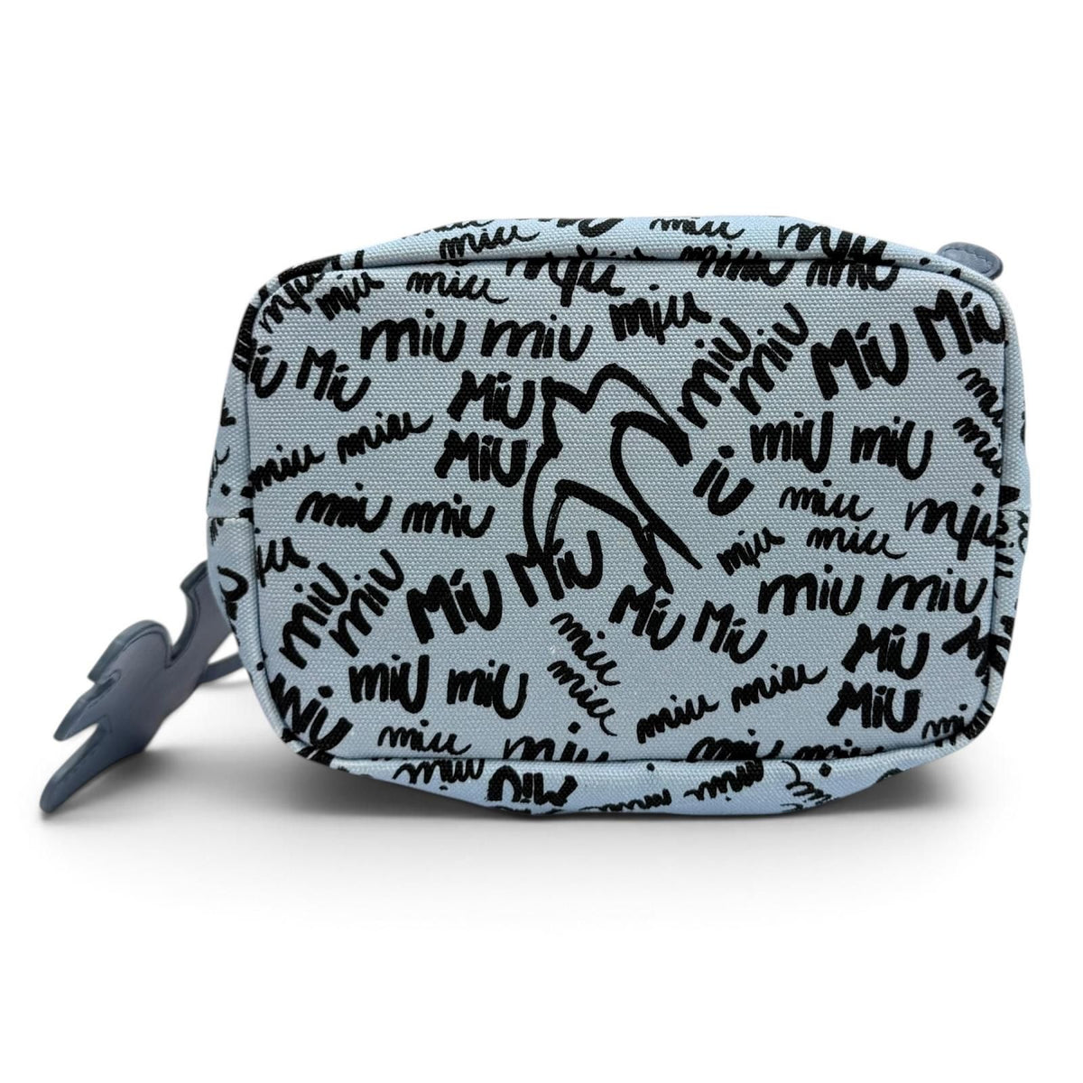 Miu Miu Canvas Logo All Over Print Bird Motif Drawstring Bag Light Blue Black — view 5