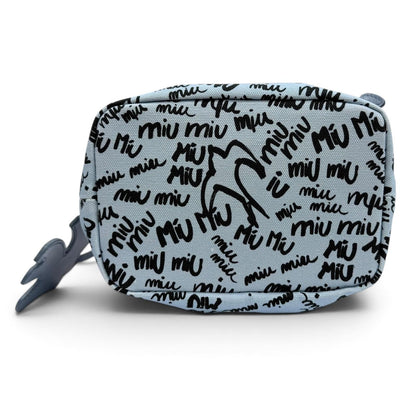 Miu Miu Canvas Logo All Over Print Bird Motif Drawstring Bag Light Blue Black — view 5