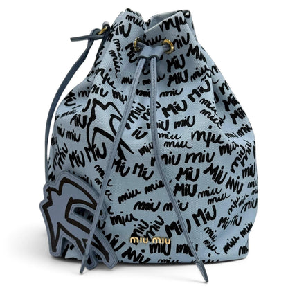 Miu Miu Canvas Logo All Over Print Bird Motif Drawstring Bag Light Blue Black