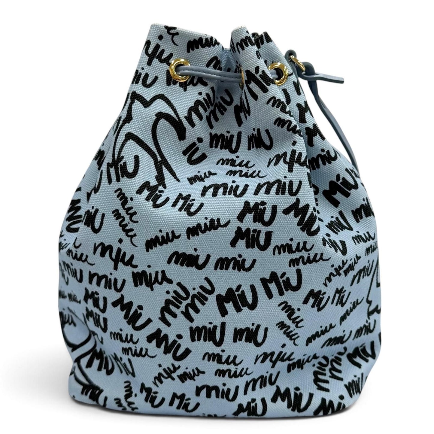 Miu Miu Canvas Logo All Over Print Bird Motif Drawstring Bag Light Blue Black — view 3