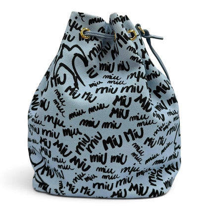 Miu Miu Canvas Logo All Over Print Bird Motif Drawstring Bag Light Blue Black — view 3