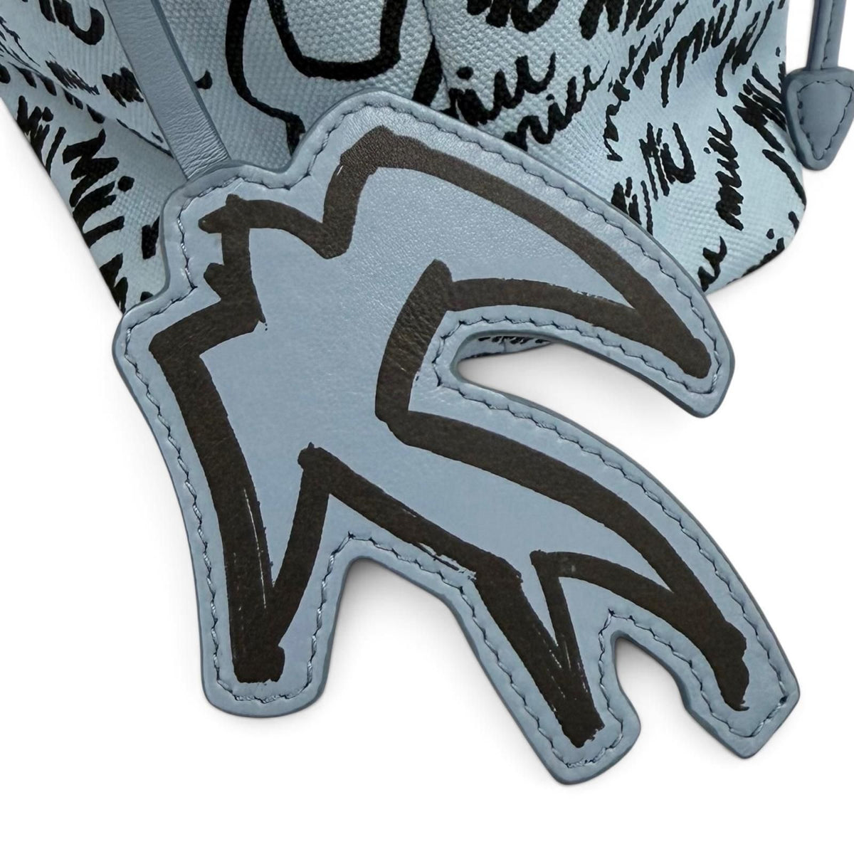 Miu Miu Canvas Logo All Over Print Bird Motif Drawstring Bag Light Blue Black — view 7
