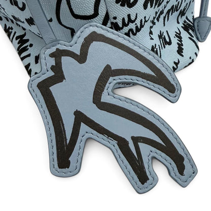 Miu Miu Canvas Logo All Over Print Bird Motif Drawstring Bag Light Blue Black — view 7