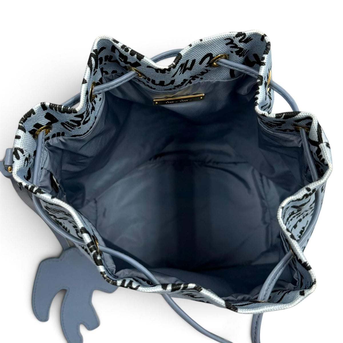 Miu Miu Canvas Logo All Over Print Bird Motif Drawstring Bag Light Blue Black — view 6