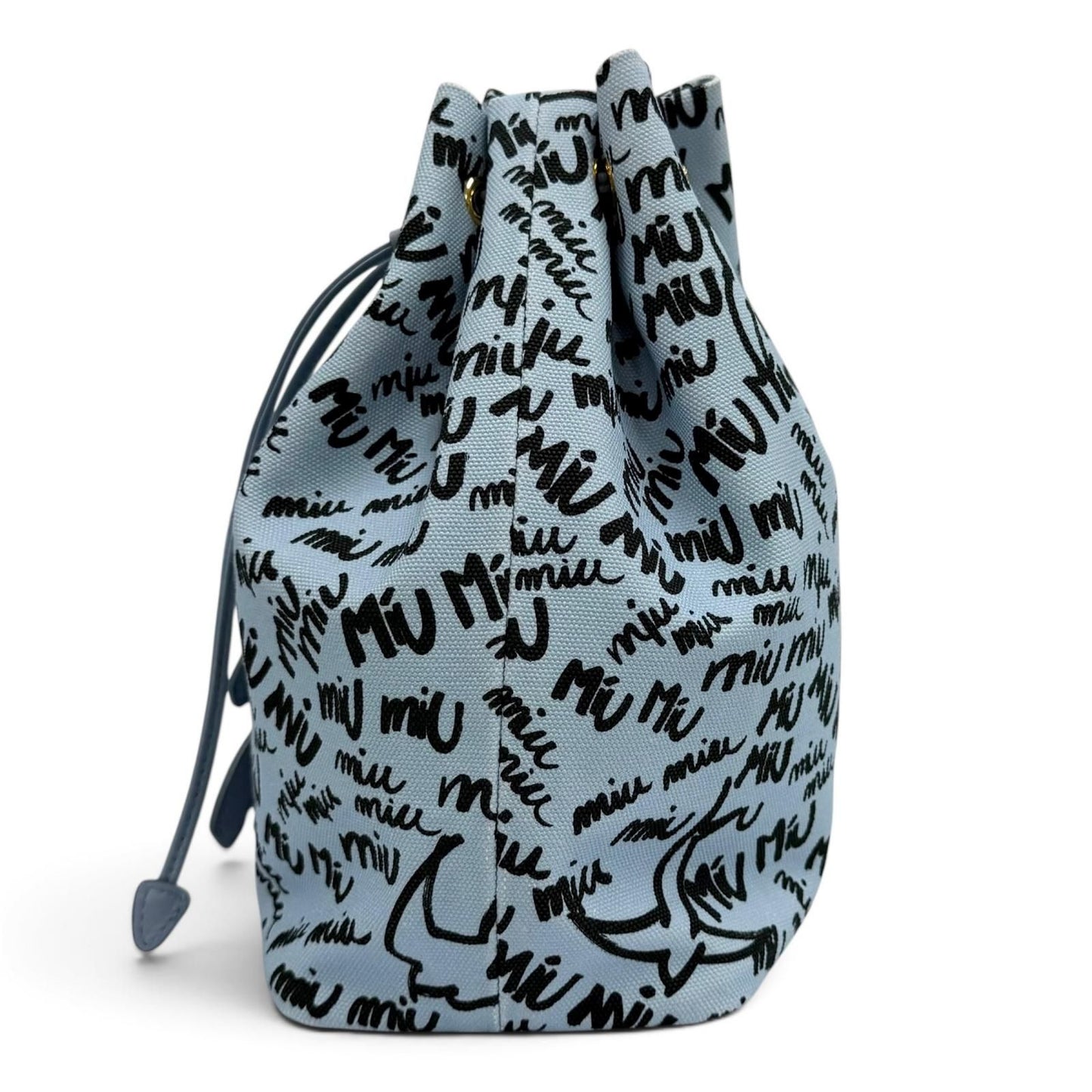 Miu Miu Canvas Logo All Over Print Bird Motif Drawstring Bag Light Blue Black — view 4