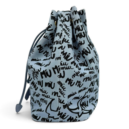 Miu Miu Canvas Logo All Over Print Bird Motif Drawstring Bag Light Blue Black — view 4