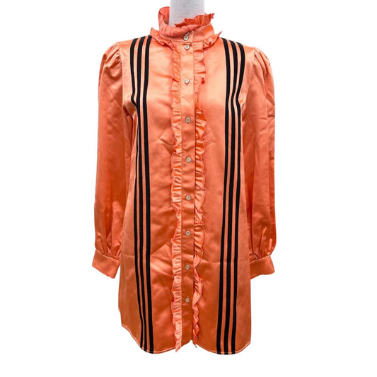 Gucci x Adidas Silk 100% Ruffle Long Sleeve Shirt Dress Orange 42