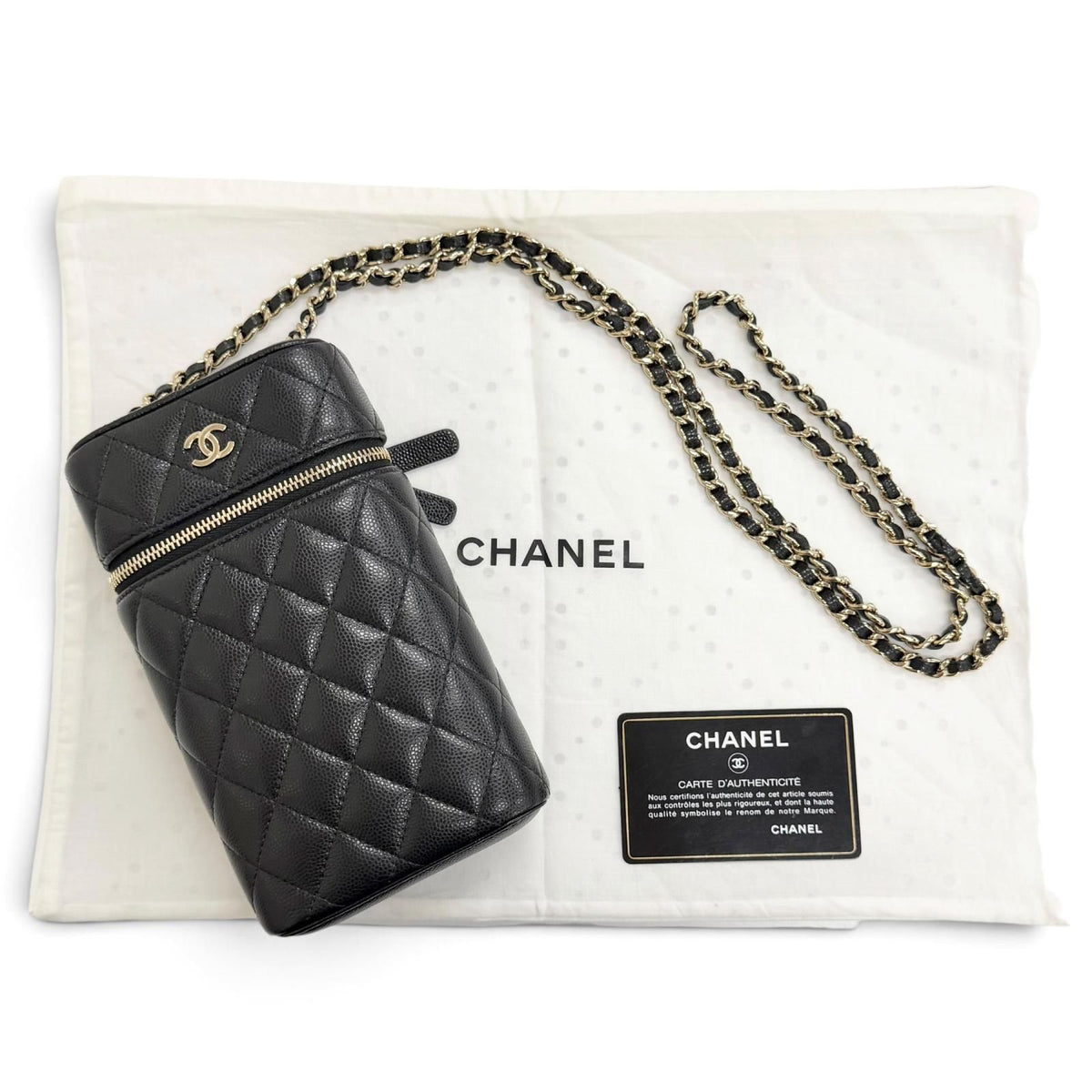 Chanel Caviar Leather Quilted Vanity Phone Chain Shoulder Bag Black Gold — view 2
