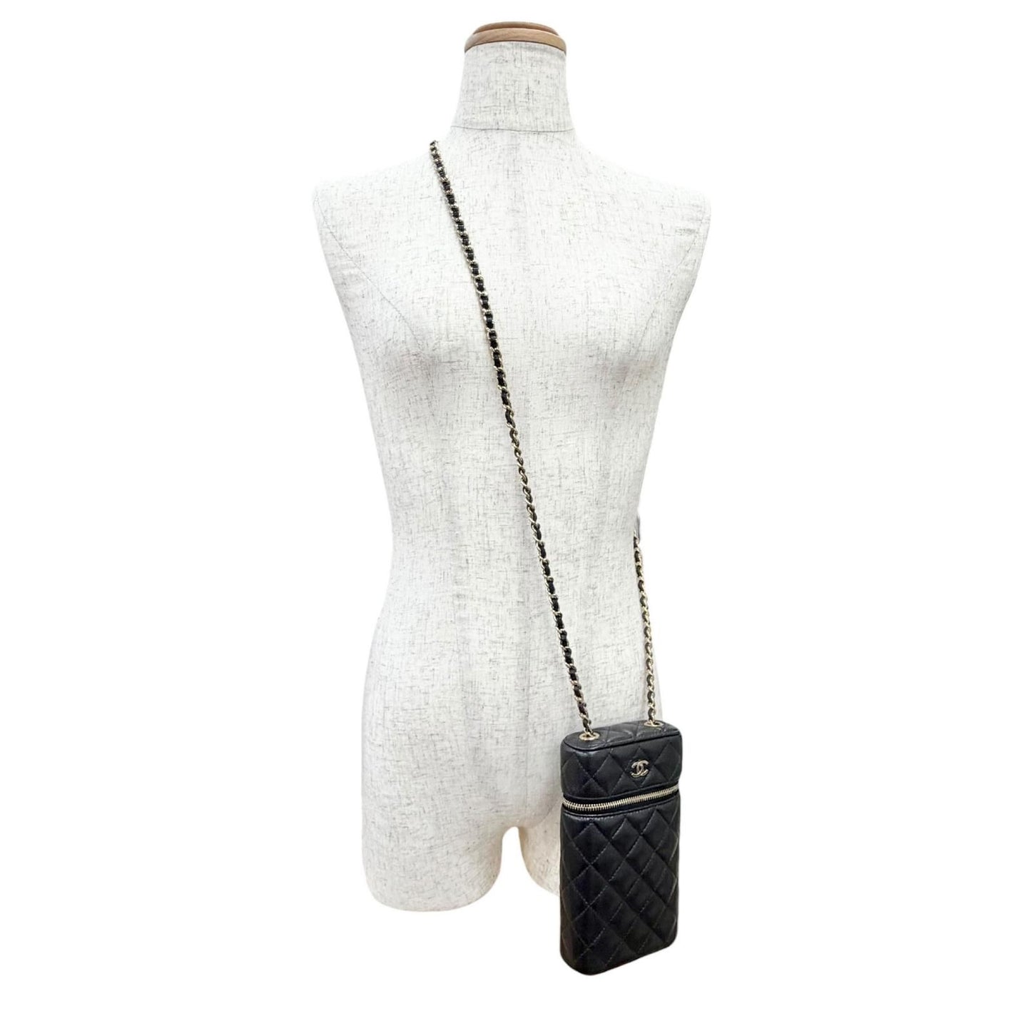 Chanel Caviar Leather Quilted Vanity Phone Chain Shoulder Bag Black Gold — view 3