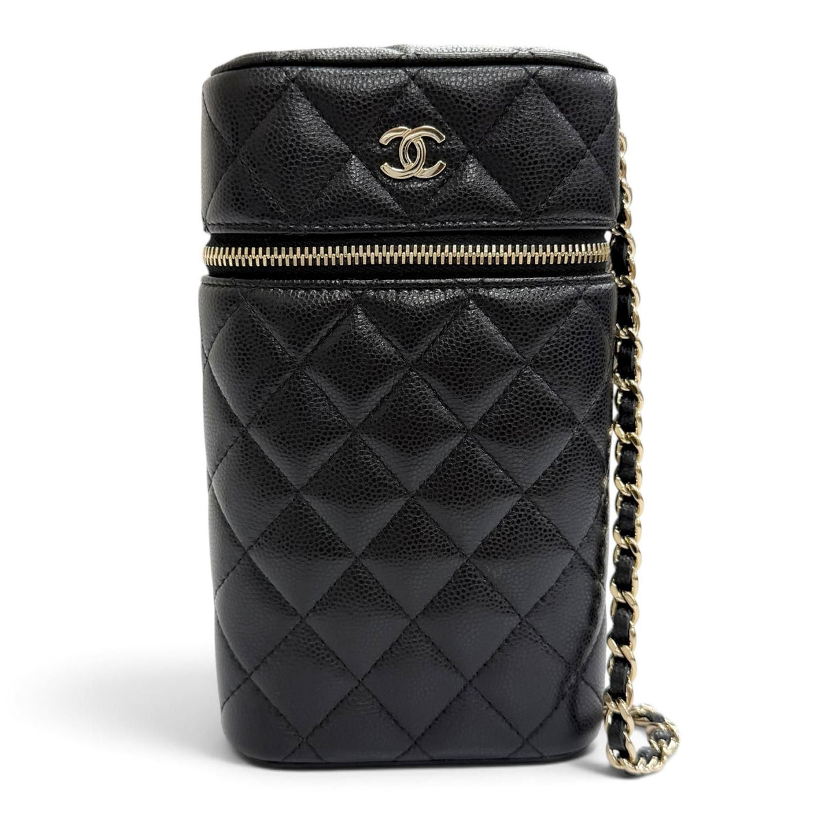 Chanel Caviar Leather Quilted Vanity Phone Chain Shoulder Bag Black Gold