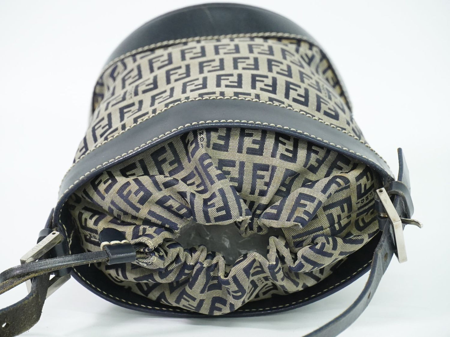 Fendi Zucchino Drawstring Shoulder Bag Canvas Leather Navy — view 5