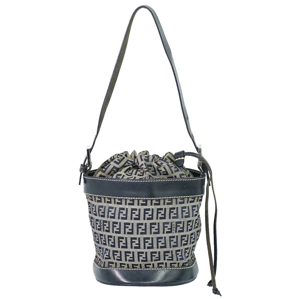 Fendi Zucchino Drawstring Shoulder Bag Canvas Leather Navy