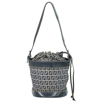 Fendi Zucchino Drawstring Shoulder Bag Canvas Leather Navy