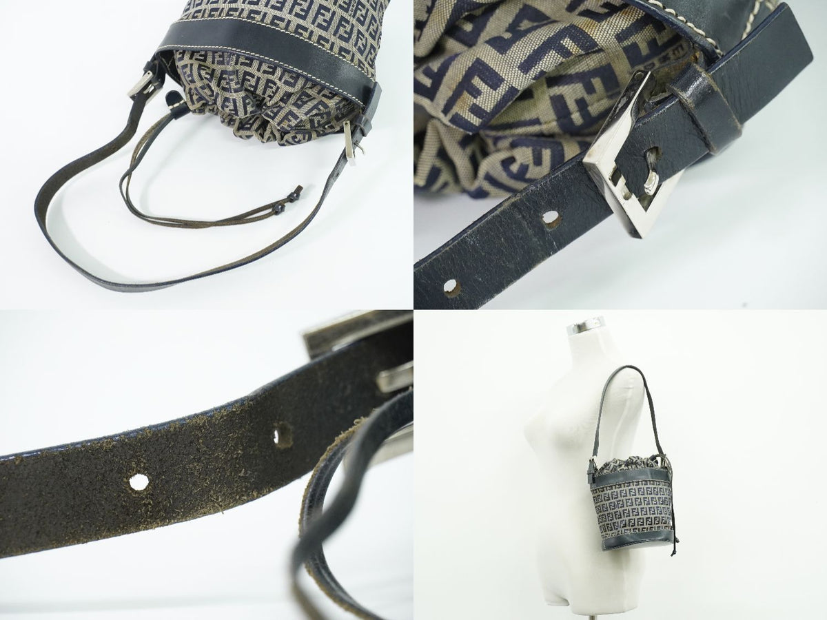 Fendi Zucchino Drawstring Shoulder Bag Canvas Leather Navy — view 6