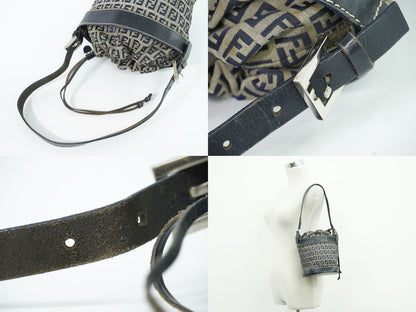 Fendi Zucchino Drawstring Shoulder Bag Canvas Leather Navy — view 6