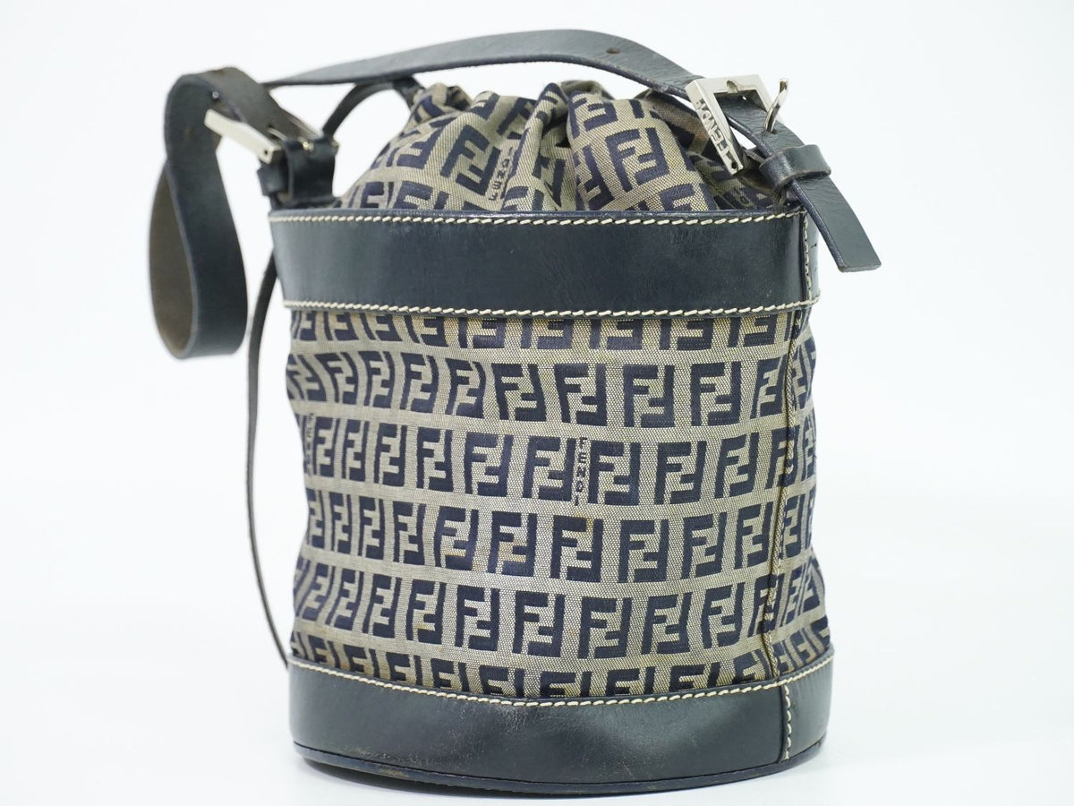 Fendi Zucchino Drawstring Shoulder Bag Canvas Leather Navy — view 2