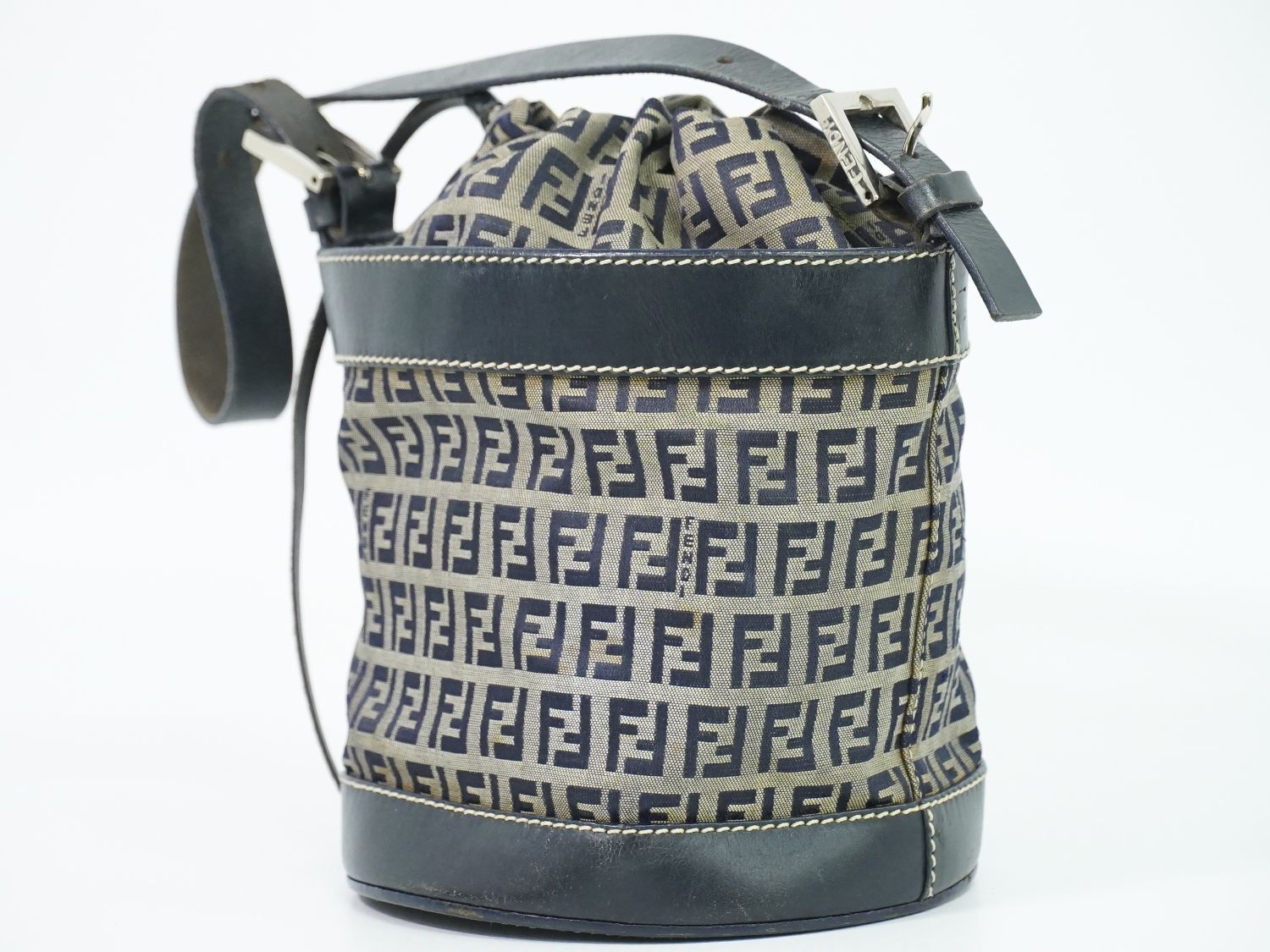 Fendi Zucchino Drawstring Shoulder Bag Canvas Leather Navy — view 2