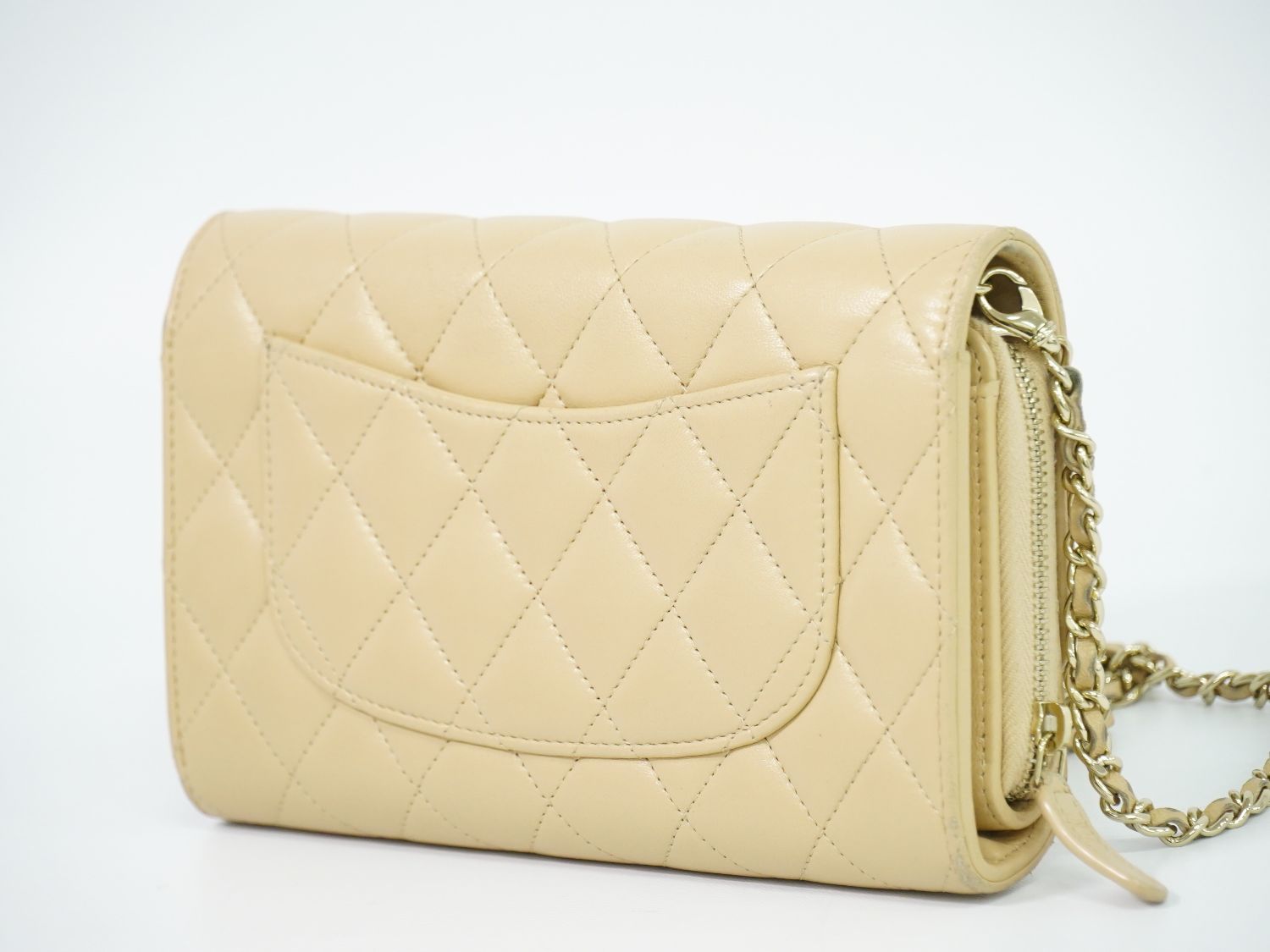 Chanel CC Logo Quilted Chain Wallet on Pochette Lambskin Leather Beige Shoulder — view 2